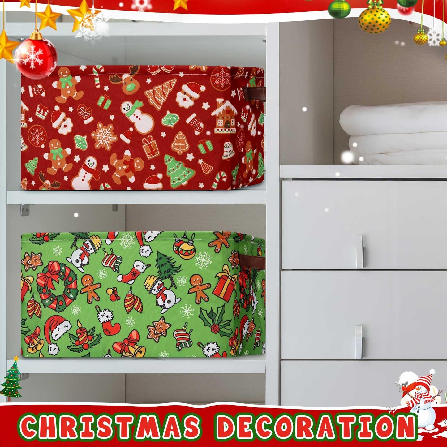Boao 3 Pack Christmas Storage Baskets for Gifts Empty Collapsible Large Christmas Storage Bins, Canvas Laundry Basket with Handle Xmas Containers for Office Home Bedroom Clothes Toys Holiday Decor