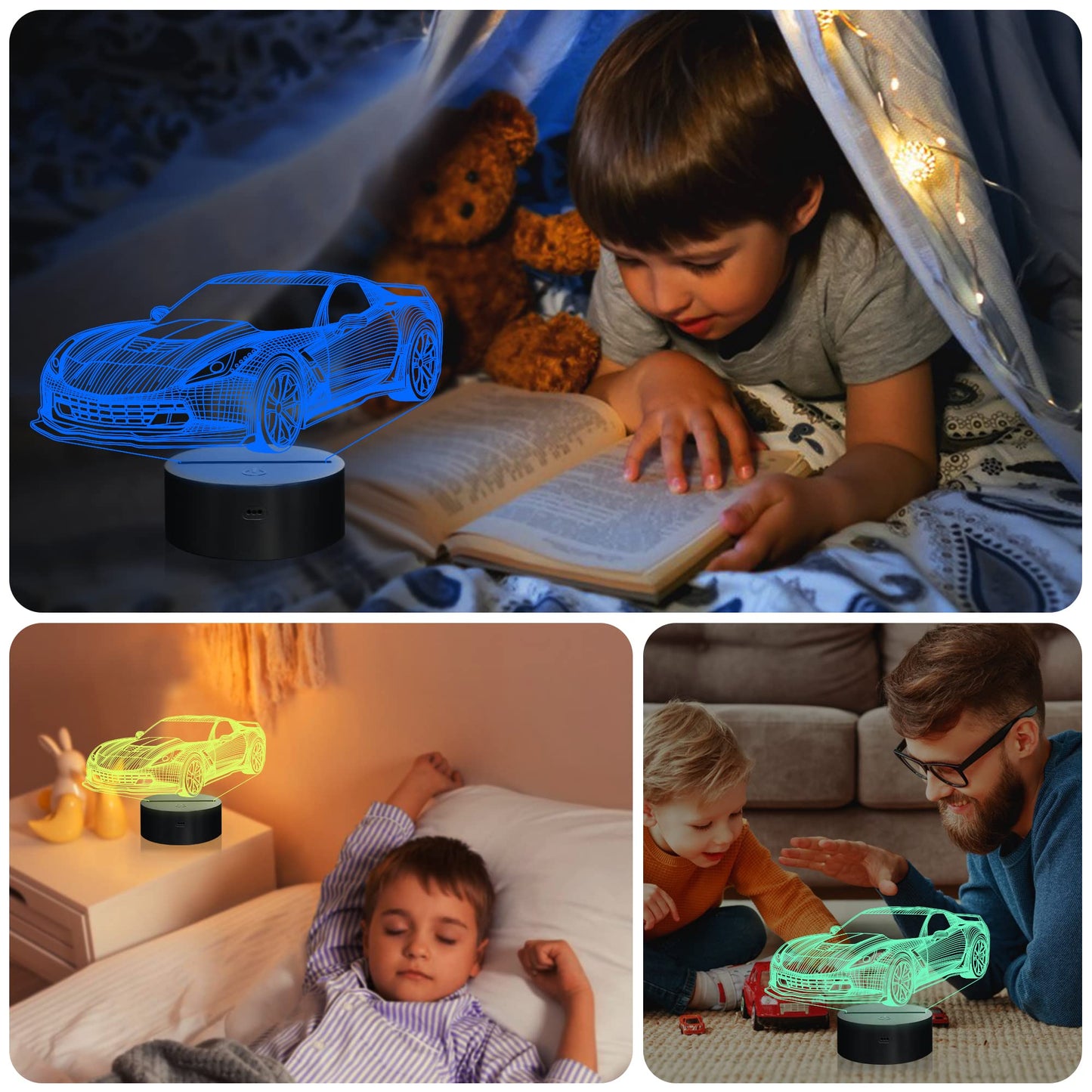 YuanDian Racing Car 3D LED Illusion Lamp, 16 Colors USB & Battery Powered Touch Control with Remote, Creative Car Gift for Boys & Lovers