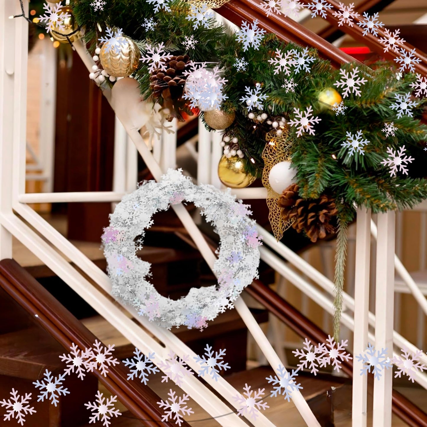 PMU 150 Ft Snowflake White Iridescent, Wire Shiny Garland - Halloween, Christmas Party, Wedding, Birthday, Festive Home Decoration Ornament (6pc-25 Ft Each)