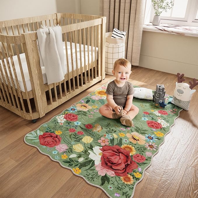 Washable Entryway Small Area Rugs: Door Mat Indoor Entrance 3x5 Floral Rug Ultra Thin Stain Resistant Non Slip Low Pile Lightweight Carpet for Kitchen, Front Door, Kids Room Decor (Green)