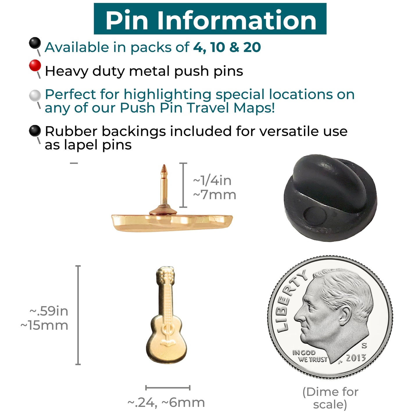 Guitar Push Pins - Gold Guitar Map Pins for Cork Boards, Maps, or Lapel Use - Designed in USA - Set of 10