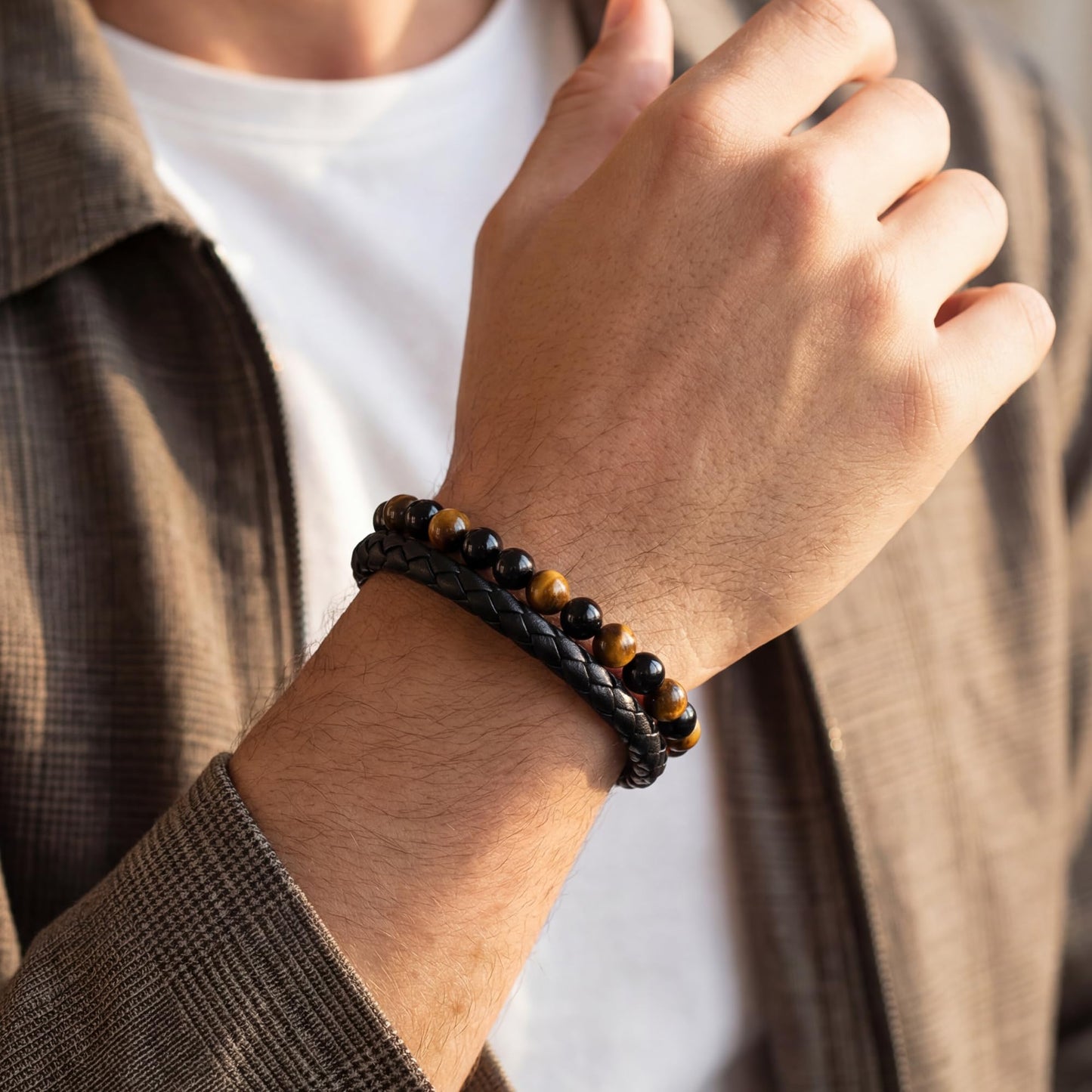 RANKEEF Mens Leather Bracelet - Tiger Eye Mens Beaded Bracelets to My Man Pulseras Para Hombres Leather Beaded Bracelets for Men