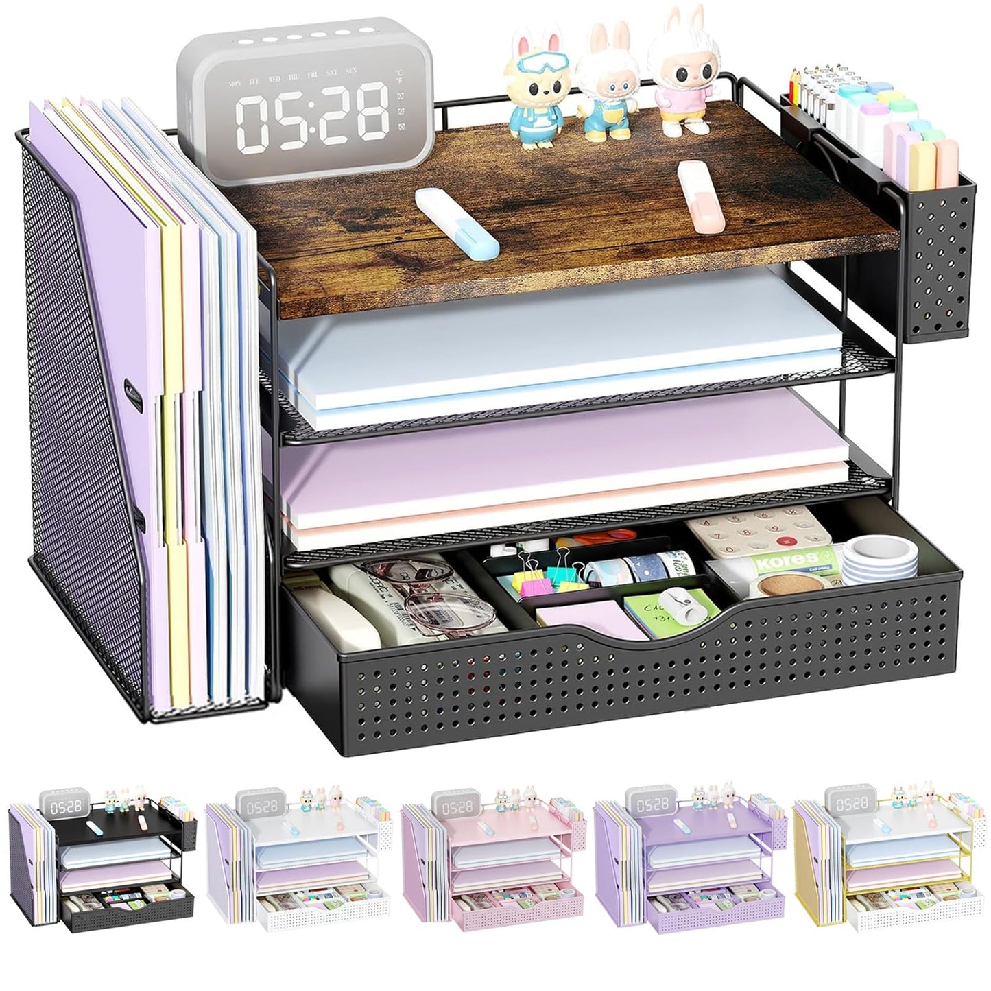 gianotter Wood Desk Organizers and Accessories with File Holder, 4-Tier Desk Accessories & Workspace Organizers with Drawer and Pen Holder, Desk Reference Organizer (Wood)