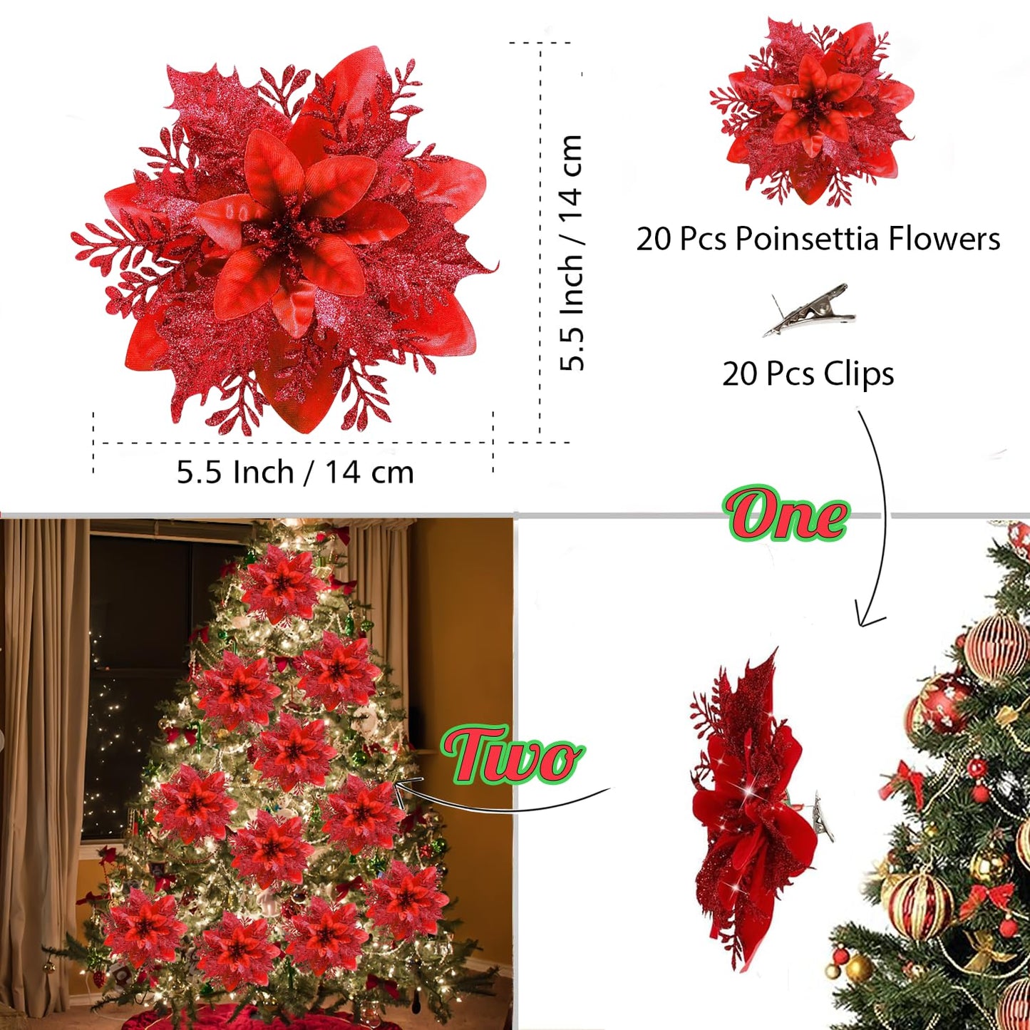 20Pcs 5.5" Red Poinsettias Glitter Artificial Christmas Flowers,Christmas Tree Decorations Christmas Ornaments Glitter Poinsettia with Clips , Christmas Decor for Xmas Tree Wedding Party Holiday