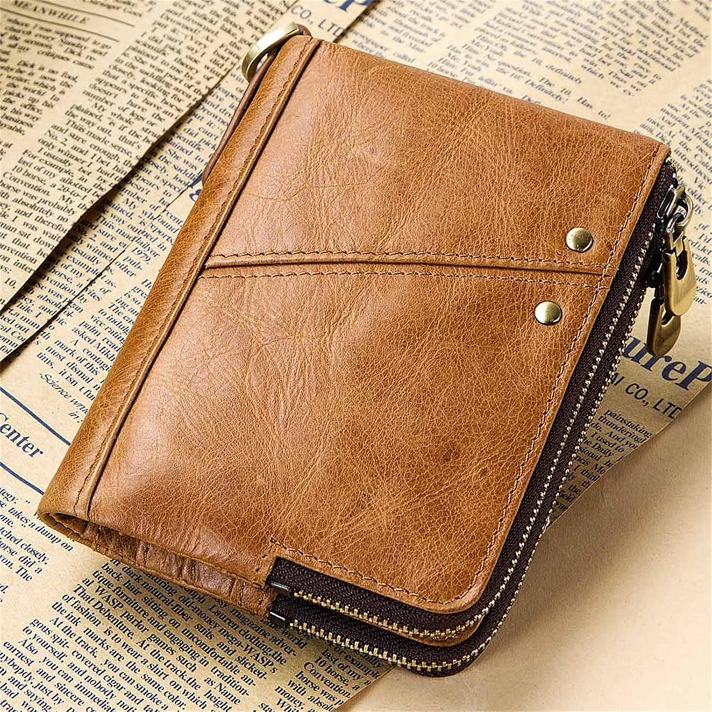 ZYLOXAR Genuine Leather Wallet for Men RFID Blocking Cowhide Vintage Chain Bifold Double Zipper Snap Closure Slim Large Capacity 12 Card Slots (Yellow)