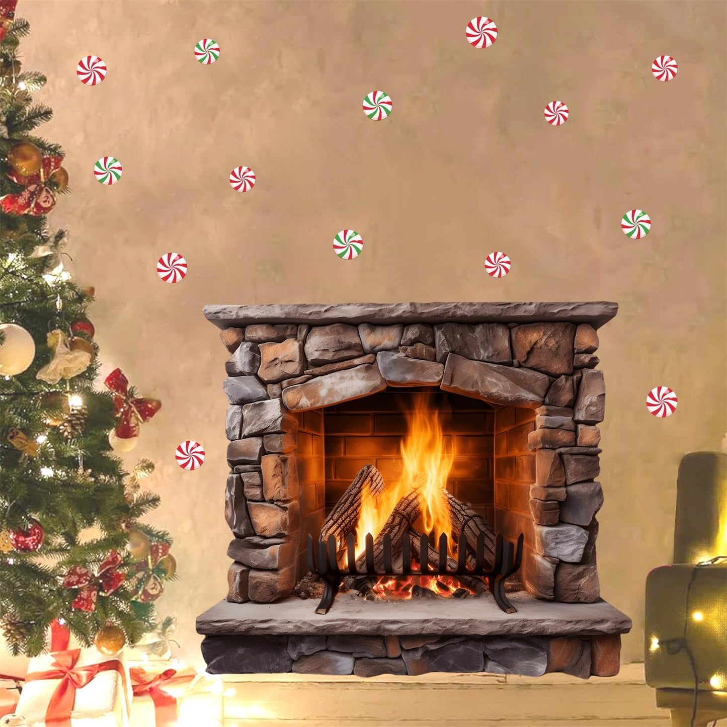 Large Christmas Wall Decals Christmas Wall Decoration Vinyl Sticker Peel and Stick Indoor Xmas Fireplace Decal for Walls Removable Peppermints Xmas Art Murals for Living Room Holiday Xmas Party Supply