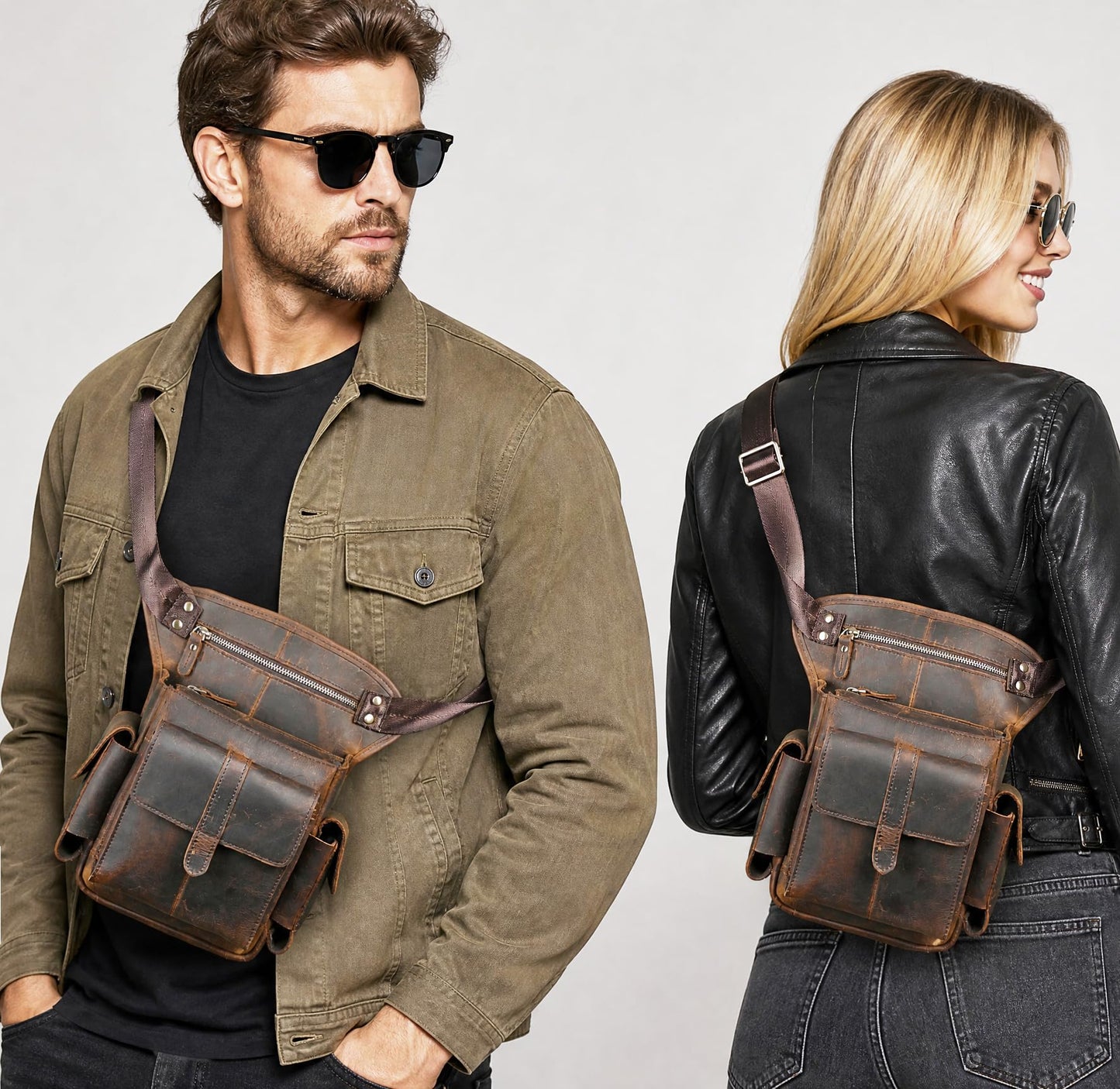 Handadsume Water Resistant Canvas + Leather Motorcycle Travel Fanny Waist Pack Drop Thigh Leg Bag Pouch For Men Women FB913-5 (100% Genuine Leather-Brown)