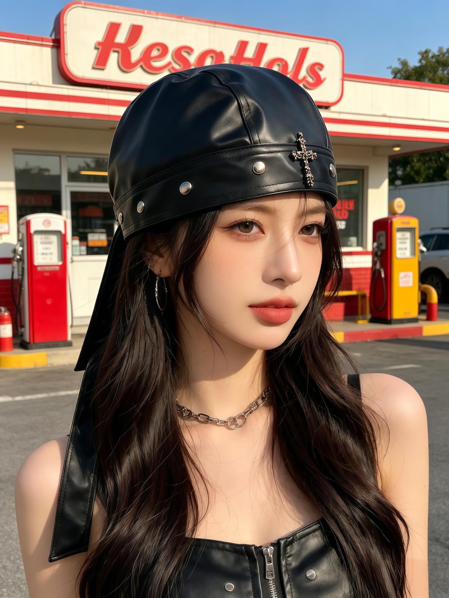 Leather Biker Skull Cap for Women Adjustable Skull-Studded Cross Motorcycle Hat with Snug Fit, Stylish Biker Head Wrap & Riding Cap