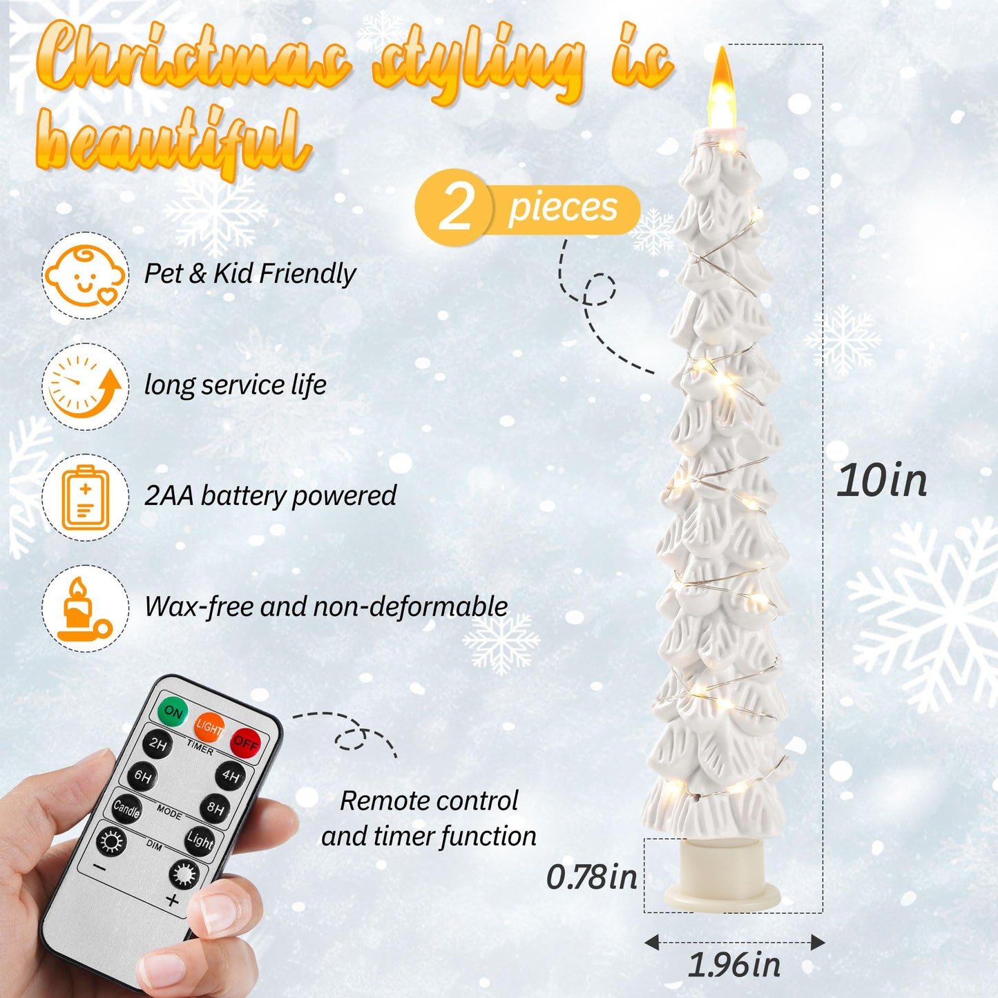 2 Pack White Christmas Tree LED Taper Candles, Flameless Flickering Candles with Copper String Lights, Upgraded Realistic Flame Effect, Battery Operated with Remote for Christmas Home Decoration