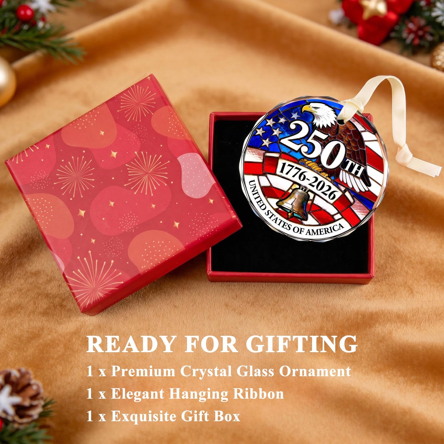 250 Anniversary USA Ornament for 4th of July Tree Decorations - Crystal Glass Patriotic Christmas Ornaments - 1776-2026 Bald Eagle Liberty Bell US Flag Keepsakee - Independence Day Souvenir Gifts