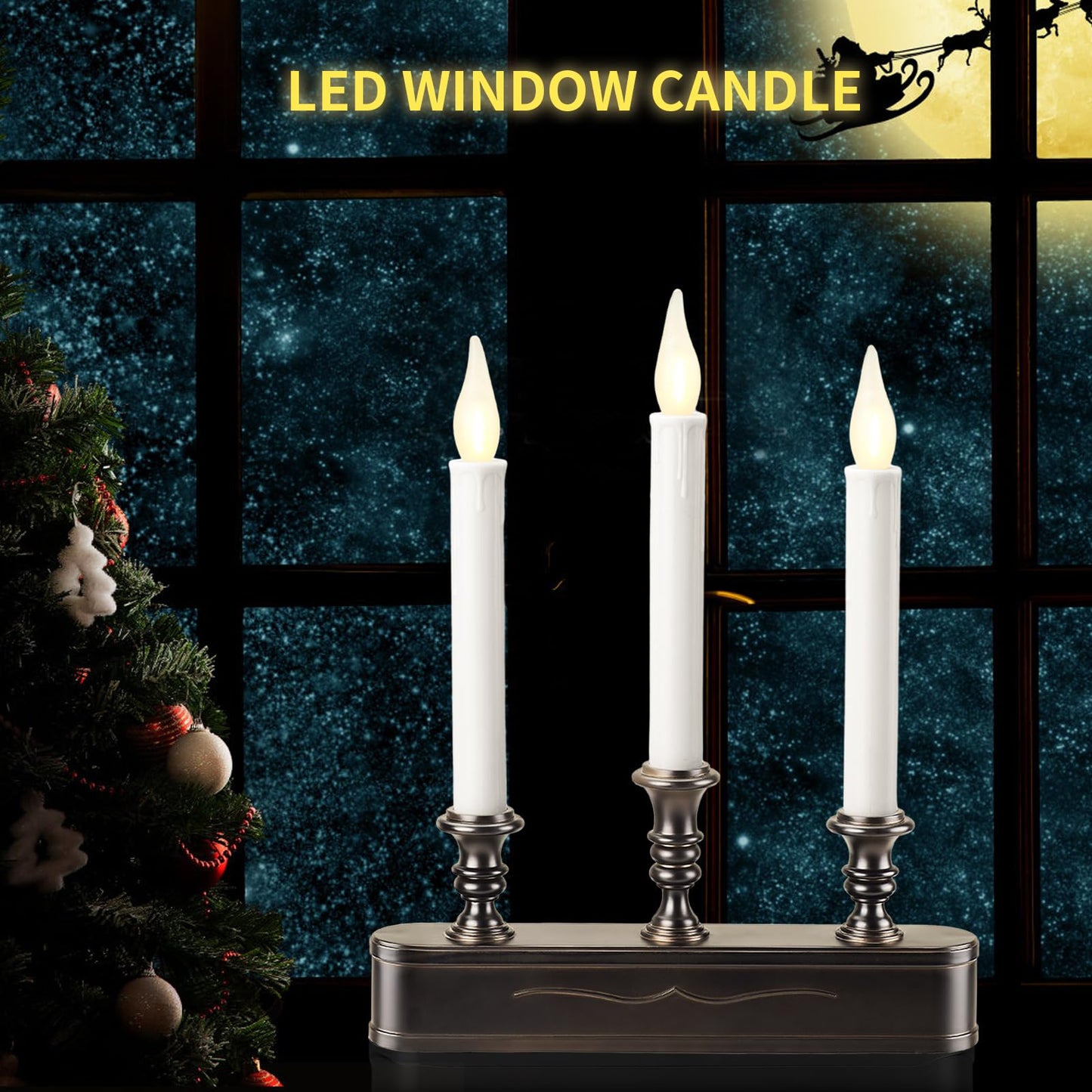 FGDECORJOIE Delicate Battery Operated Flicker Flame Black Antique 3 Tier LED Window Candelabra 11.5 Inch Hight with Automtically Recycle Timer 8 Hours On/16 Hours Off for Christmas New Year Festival