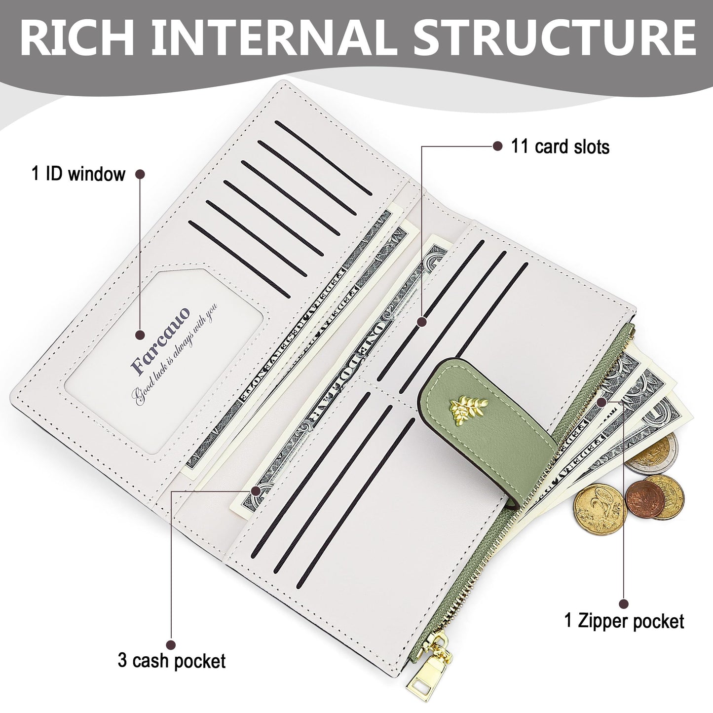 Farcauo Wallet Women Slim Wallets for Women with RFID Blocking Cute Thin Green Women's Wallet Kawaii Flower Womens Ladies Card Holder Wallets