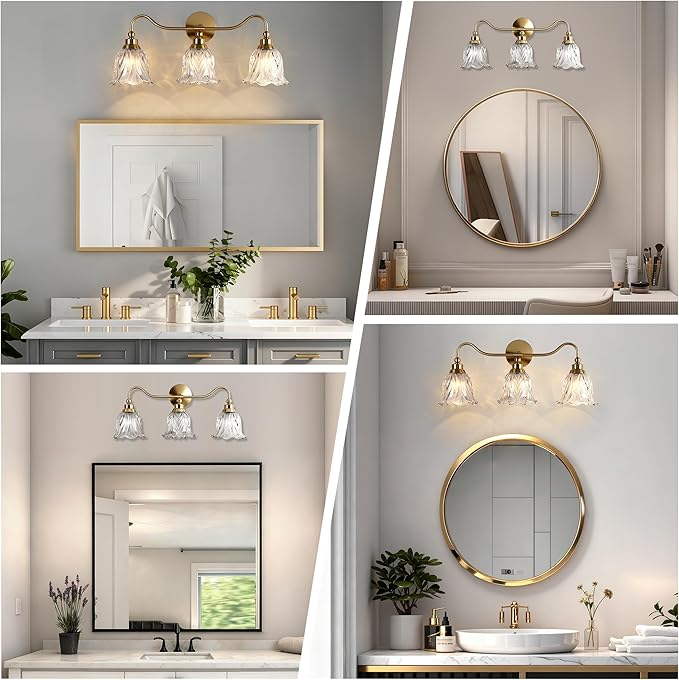 3-Lights Bathroom Vanity Light Gold Vintage Light Fixtures Floral Flower Matte Antique Brass Crystal Glass Shade, Wall Sconces Lighting for Living Room, Bedroom, Hallway（E12 Base）