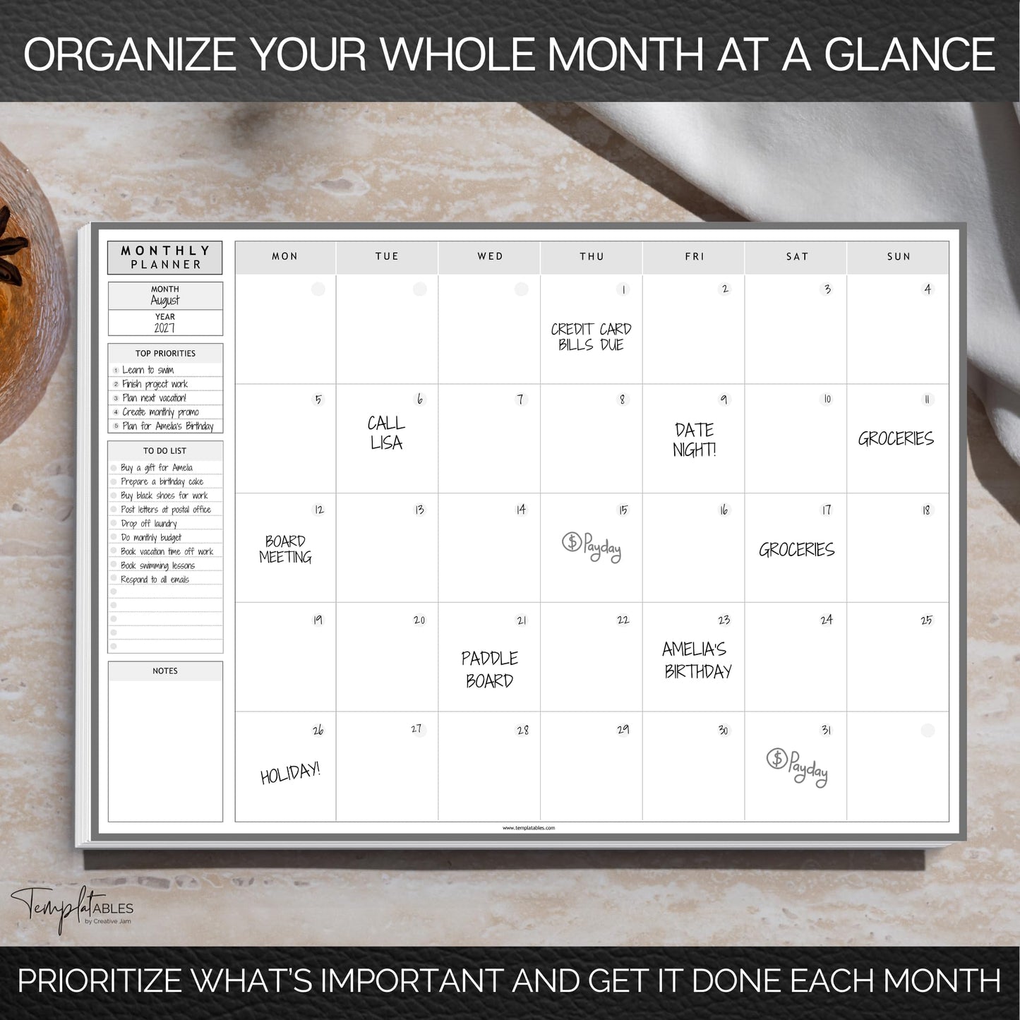Templatables Monthly To Do List Notepad | Monthly Planner Desk Pad, Brain Dump, Organizer and Priority List | 50 Undated Tear Away Sheets | A4 (Mono)