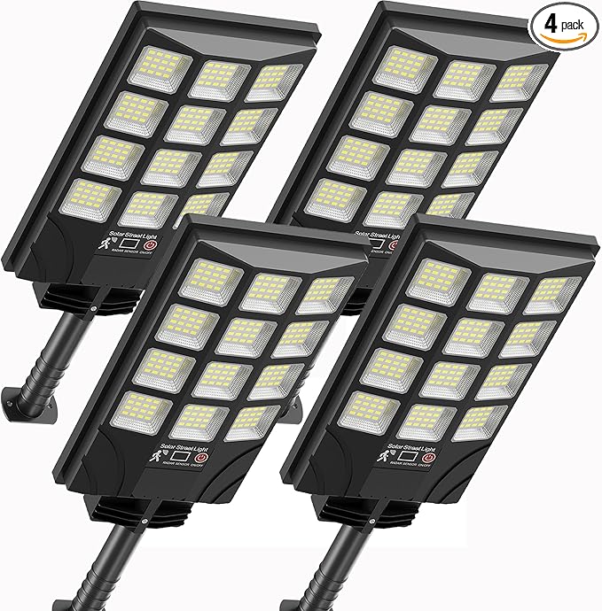 Solar Street Lights Outdoor Motion Sensor, 6500K Dusk to Dawn LED Solar Flood Light, Waterproof Security Light for Outside Garden Yard Parking Lot, 4PCS