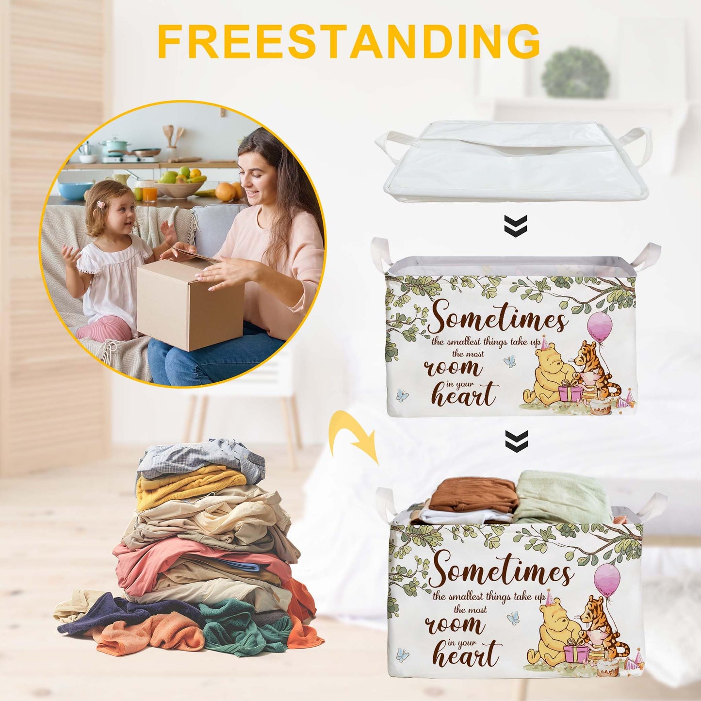 ZsaTuiy Winnie Nursery Decor, the Pooh Baby Stuff, Winnie Storage Nursery Basket, Large squarecanvas Laundry Hamper With A Waterproof PECoating, Foldable, Toys Bin, Baby Nursery HamperDecor, Star