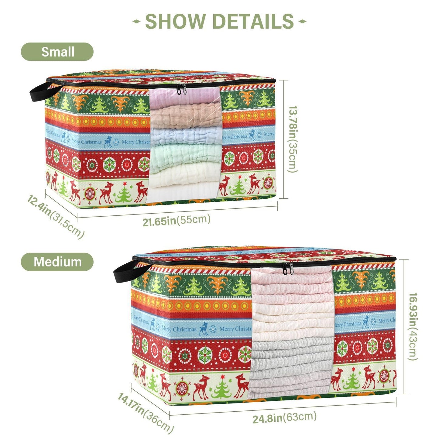 Christmas Clothes Storage Bag Foldable Storage Bin with Handle Zipper Clear Window Closet Organizer for Bedding Blankets 60L