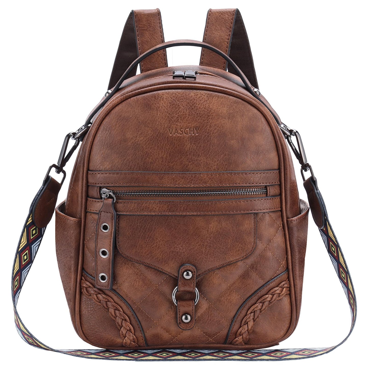 VASCHY Small Backpack Purse for Women, Cute Vegen Leather Mini Backpack for Lady with Guitar Shoulder Bag Handbag Strap Brown