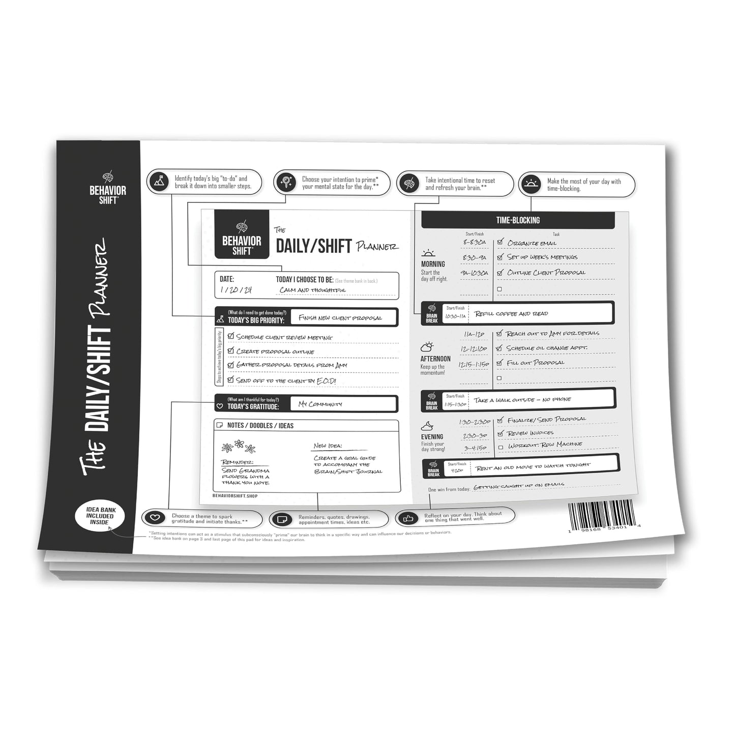 The Behavior Shift Daily Desktop Planner - 8.5 X 11 Inches undated Tear off Sheets - 13 week planning pad with checklist - Brain Dump Notepad for work, school & home organizer
