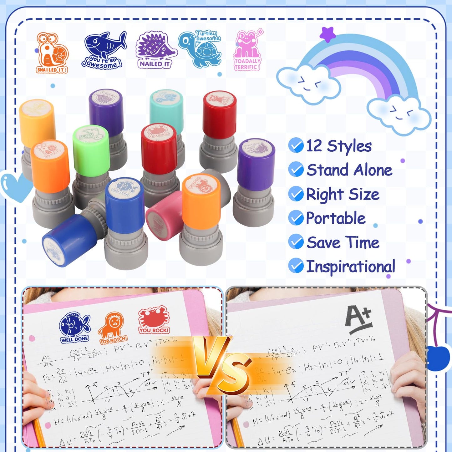 LOTMER 12 Pcs Teacher Stamps for Classroom, Self-Inking Rubber Colorful Stamps Classroom Rubber Stamp for Grading Homework Test Motivation Students Supplies