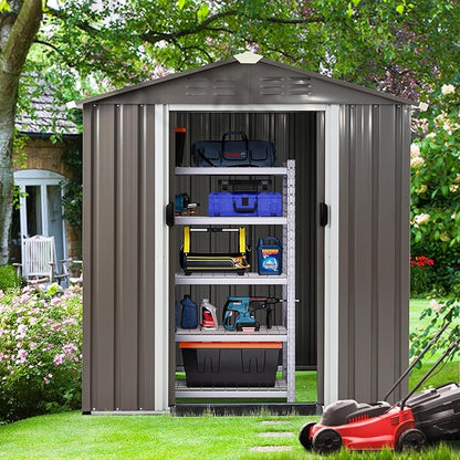 Shintenchi 6x4 FT Outdoor Storage Shed with Window, Lockable Outdoor Waterproof Tool Storage Sheds,Weather Resistant Tool Storage House Shed for Garden,Backyard,Patio Utility Tool Storage,Dark Gray