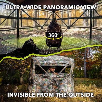 Hunting Blind 360 See Through Ground Blind for Turkey & Deer Hunting, 2-3 Person Pop Up Camouflage Tent