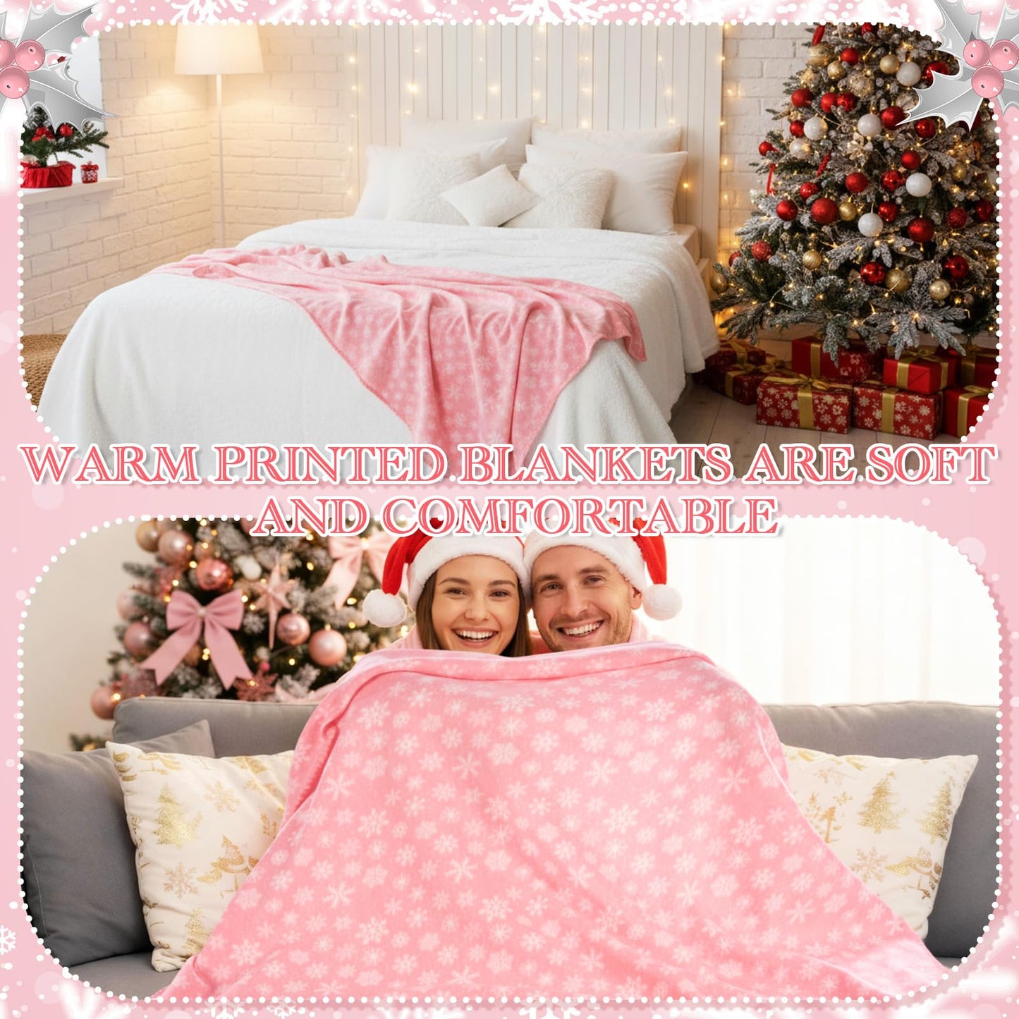 Moukeren 24 Pcs Christmas Snowflake Throw Blanket Bulk, 59 x 47 Inch Xmas Winter Throw Blanket Christmas Warm Soft Cozy Fleece for Home Bedding Couch Chair Gift (Pink)