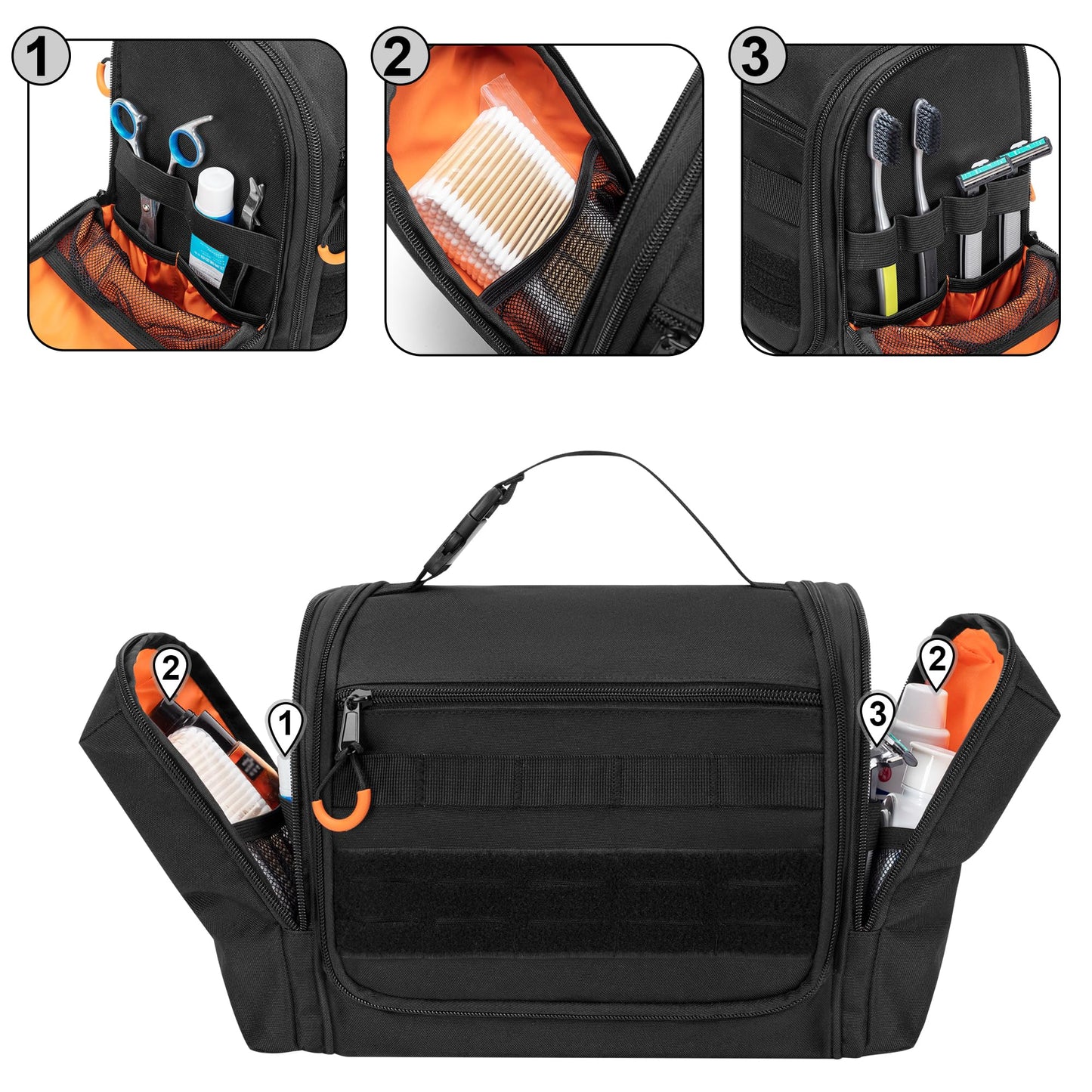 Prokva Tactical Toiletry Travel Bag for Men, Hanging Dopp Kit Hygiene Bag Shower Organizer with Hook for Toiletries and Shaving Care, Black (Empty Bag)