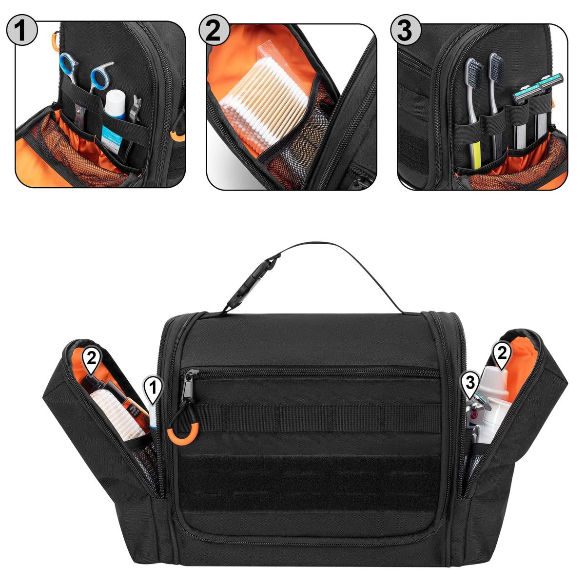 Prokva Tactical Toiletry Travel Bag for Men, Hanging Dopp Kit Hygiene Bag Shower Organizer with Hook for Toiletries and Shaving Care, Black (Empty Bag)