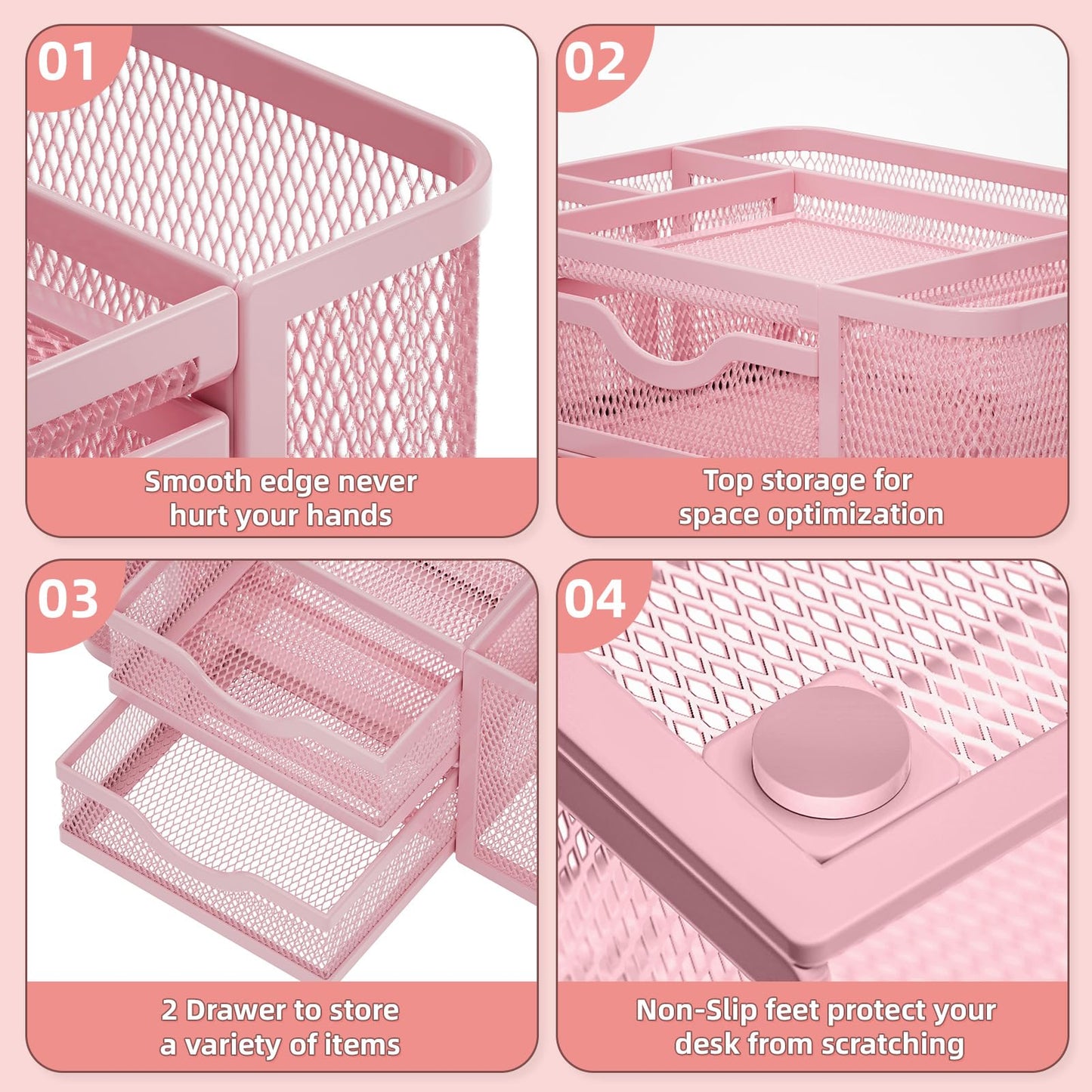 Marbrasse Mesh Desk Organizer, Pen Organizer with 2 Drawer, Multi-Functional Pencil Holder, Desk Organizers and Accessories with 5 Compartments + Drawer for Office Art Supplies (Pink)