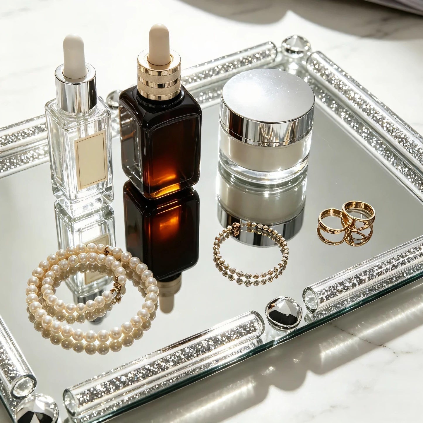 HMRCYTE Crystal Glass Tray, 11.8" x 7.9" Crushed Diamond Silver Mirror Perfume Makeup Display Tray, Noble Jewelry Trinket Vanity Trays, Ornate Rectangular Cosmetics Dresser Decoration for Home Decor