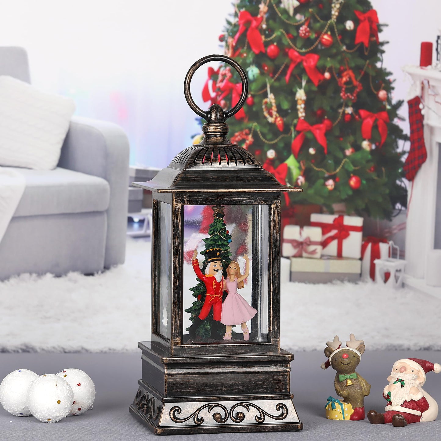 Christmas Snow Globe Decorations, Musical Glitter Nutcracker Lantern with 6H Timer, USB/Battery Powered Lighted Décor for Home, Tabletop, Gift Box