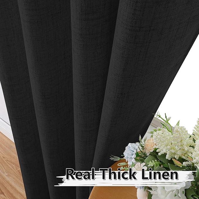 Tollpiz Short Linen Tier Curtains Rod Pocket Semi Sheer Half Kitchen Curtain Burlap Light Filtering Thick Linen Drapes for Bathroom, 30 x 24 inches Long, Black, Set of 2 Panels