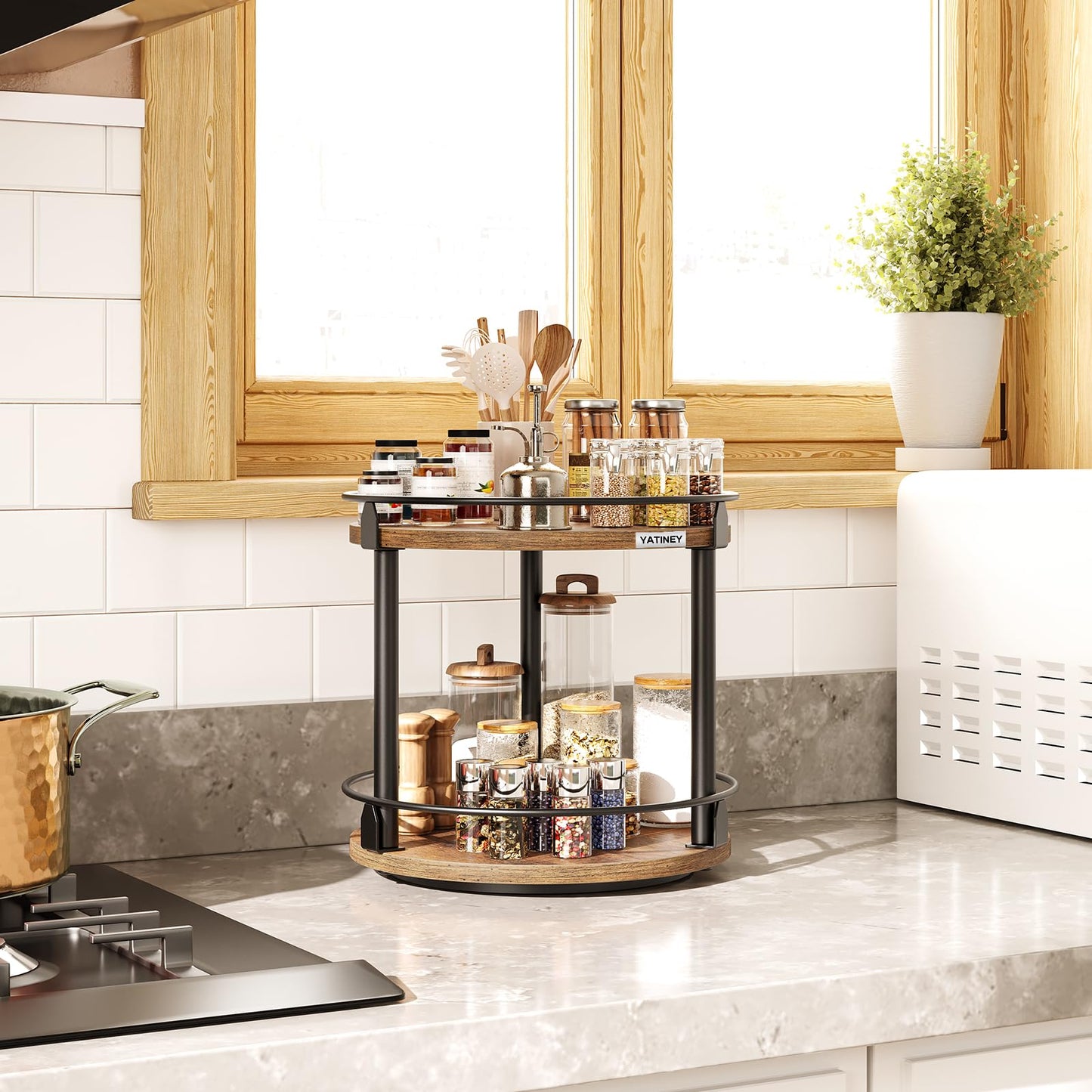 3-Tier Lazy Susan Organizer, Rotating Spice Rack, Spinning Organizer, Industrial Turntable Spice Rack Organizer for Cabinet, Kitchen Countertop, Pantry, Rustic Brown and Black SR23BR