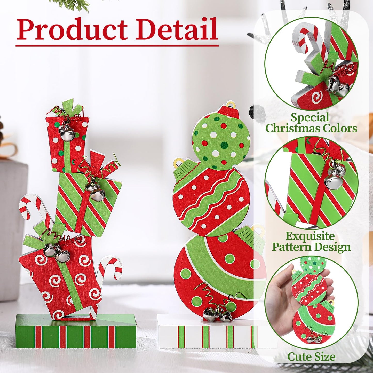 Amyhill 2 Pcs Christmas Table Decorations 5.9 Inch Wooden Xmas Centerpieces Red Green Gifts Box and Ball Ornaments Shape Christmas Signs Tabletop with Bells for Table Shelf Fireplace Holiday