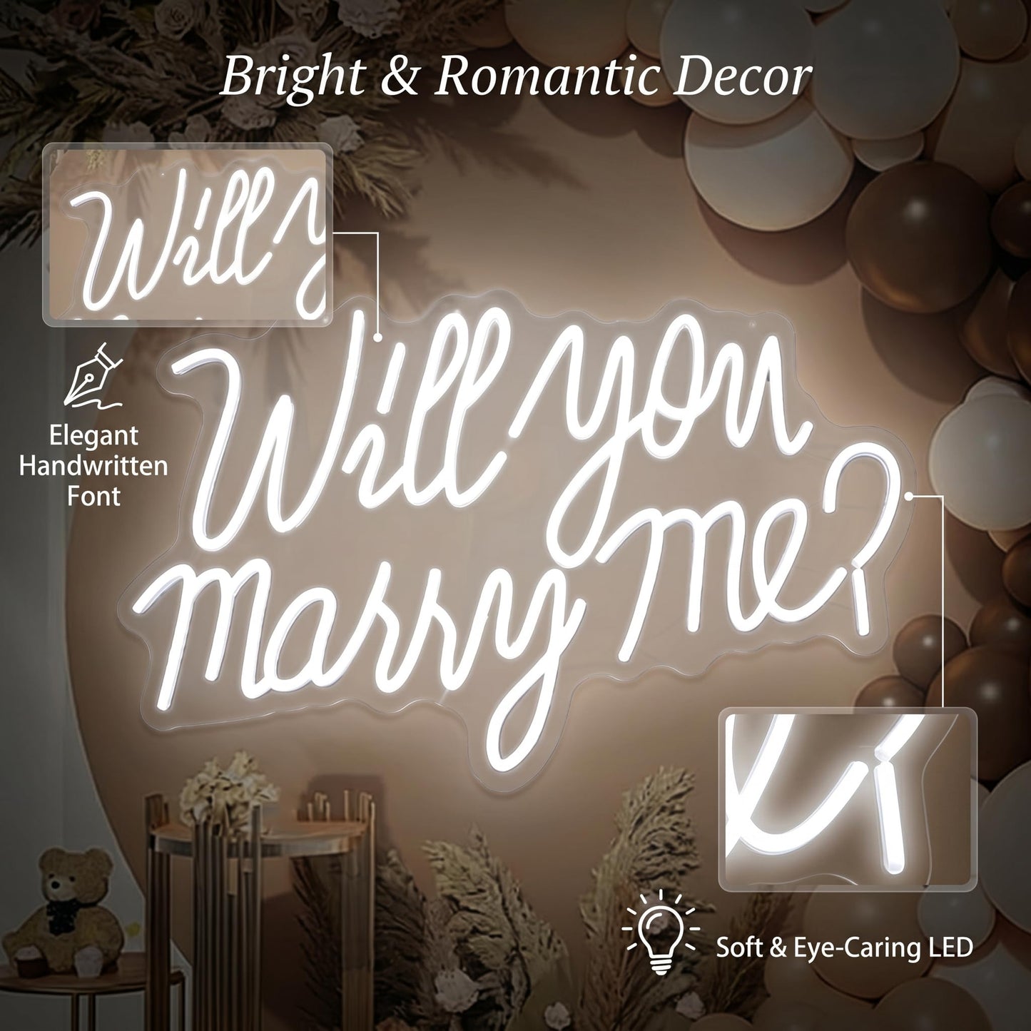 Will You Marry Me Neon Letter Sign, 21.7x13.8 Inch Acrylic LED Letter Sign Light Up Letters, Neon LED Signs for Wall Decor, Marriage Proposal, Wedding, Valentine's Day Decor (white)