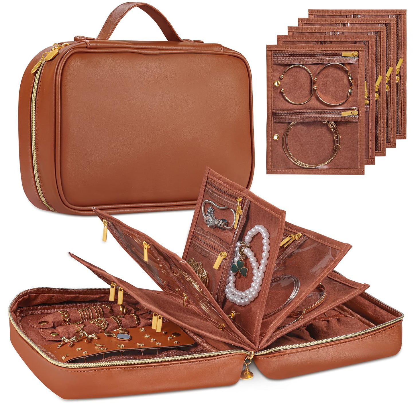 KPWEPK Leather Travel Jewelry Case Organizer,Jewelry Storage Book Binder with Clear Zipper Pouch & Lining-Portable Jewelry Bag for Earrings,Rings,Necklaces,Bracelets (Brown)