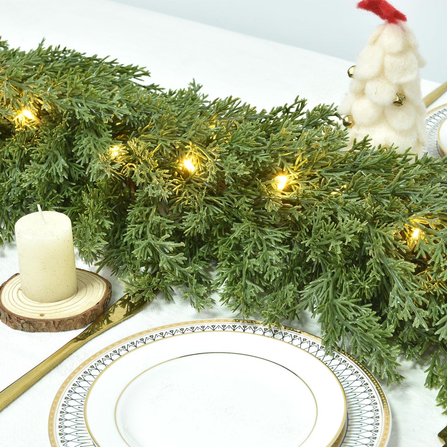 Lvydec Lighted Christmas Pine Garland Decoration, 6ft Realistic Cedar Cypress Garlands Christmas Greenery Garland with Lights for Holiday Mantel Fireplace Table Centerpiece (6ft)