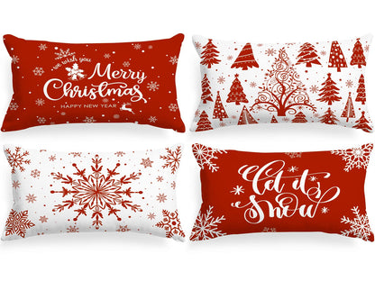 Lanpn Christmas Lumbar Throw Pillow Covers 12x24 Set of 4, Merry Christmas Winter Xmas Snowflake Decorative Holiday Cushion Pillow Cases 12 x 24 for Indoor Farmhouse Home Room Couch Decor (Red)