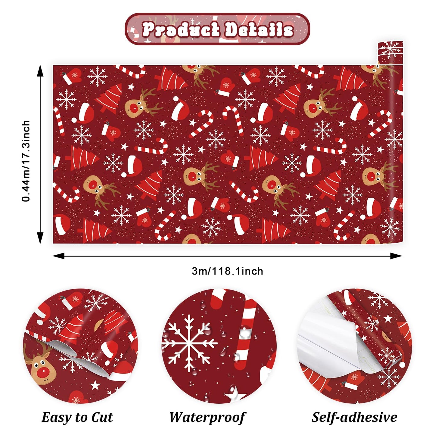 IARTTOP Merry Christmas Wallpaper Peel and Stick Snowflake Contact Paper for Cabinets and Drawers Christmas Reindeer Wallpaper Xmas Candy Canes Decals for Winter Holiday Home Party Decor(17.3"X118.1")