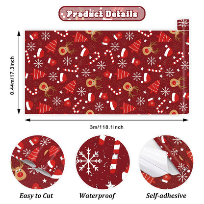 IARTTOP Merry Christmas Wallpaper Peel and Stick Snowflake Contact Paper for Cabinets and Drawers Christmas Reindeer Wallpaper Xmas Candy Canes Decals for Winter Holiday Home Party Decor(17.3"X118.1")