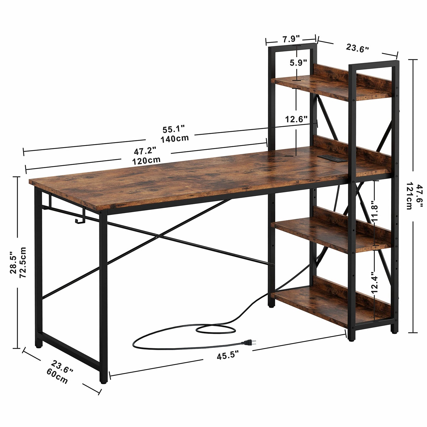 IRONCK Computer Desk 55" with Power Outlet and Storage Shelves, Study Writing Table with USB Ports Charging Station, PC Desk Workstation for Home Office, Rustic Brown