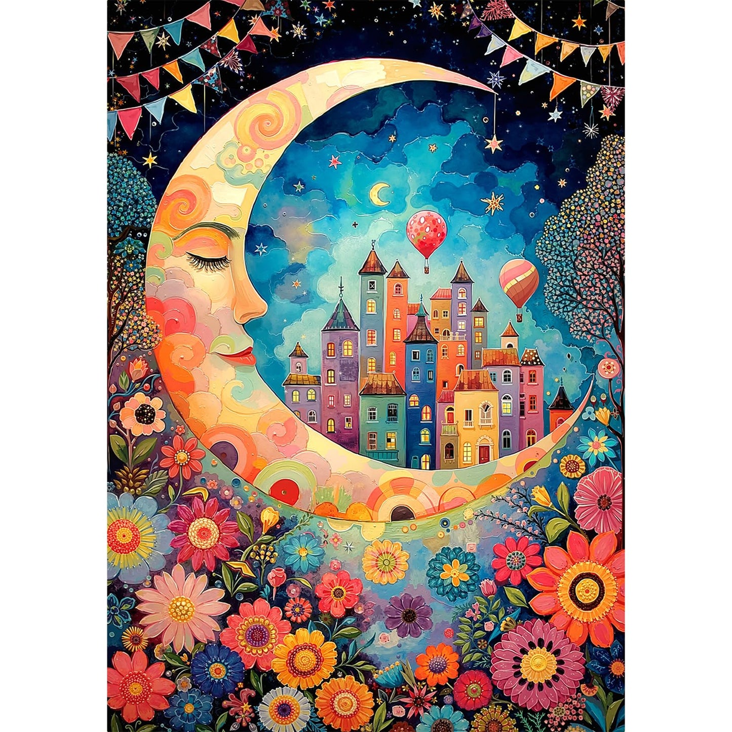 1000 Piece Jigsaw Puzzle, Moonlit Town with Colorful Houses & Flowers