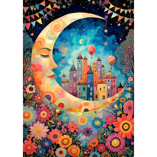 1000 Piece Jigsaw Puzzle, Moonlit Town with Colorful Houses & Flowers