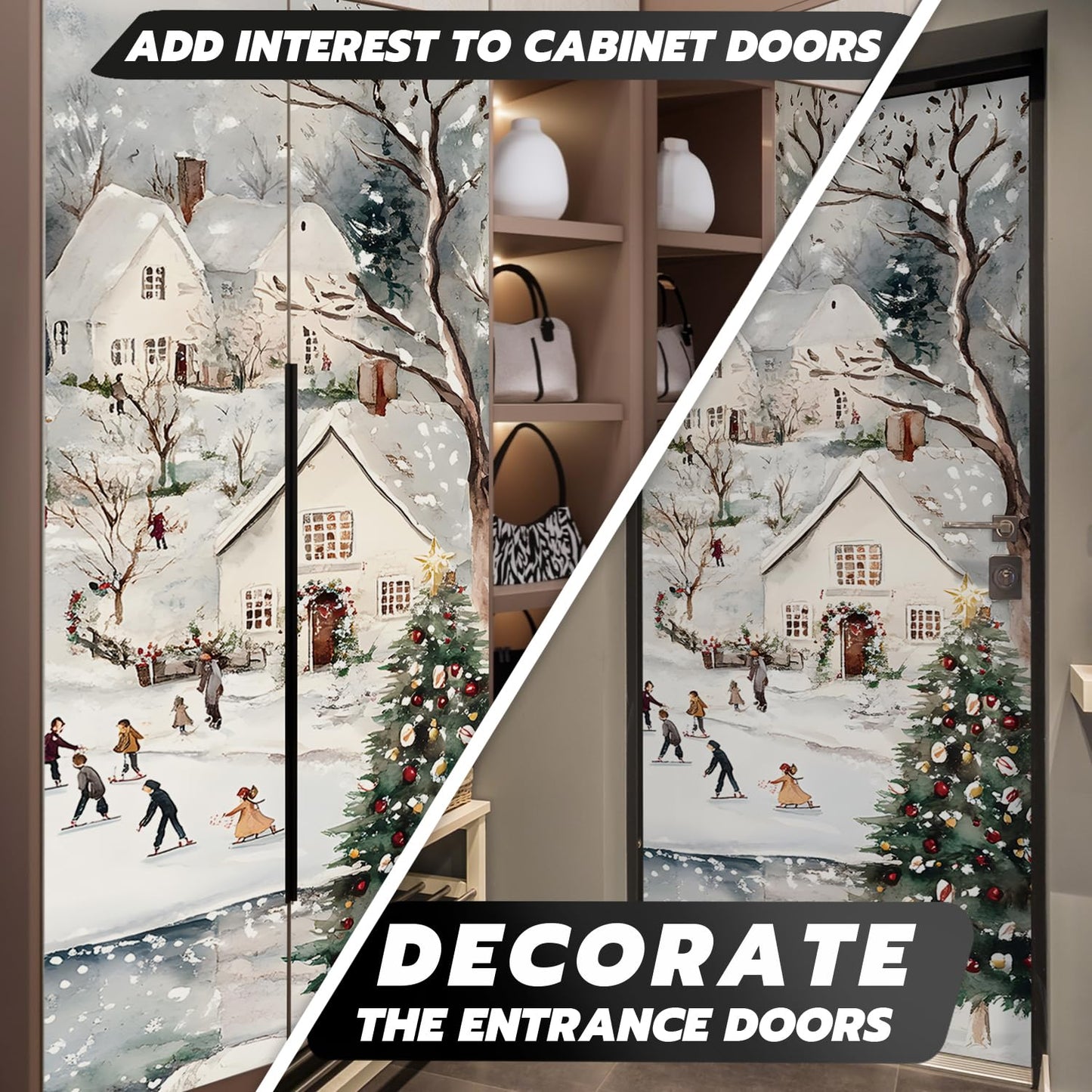 Alwayspon 30x78.7inch Self-Adhesive Christmas Door Stickers Covers Decorative Mural Decals, Vinyl Peel and Stick Removable Door Poster Wallpaper for Bathroom Home Decor, Celebrate Christmas