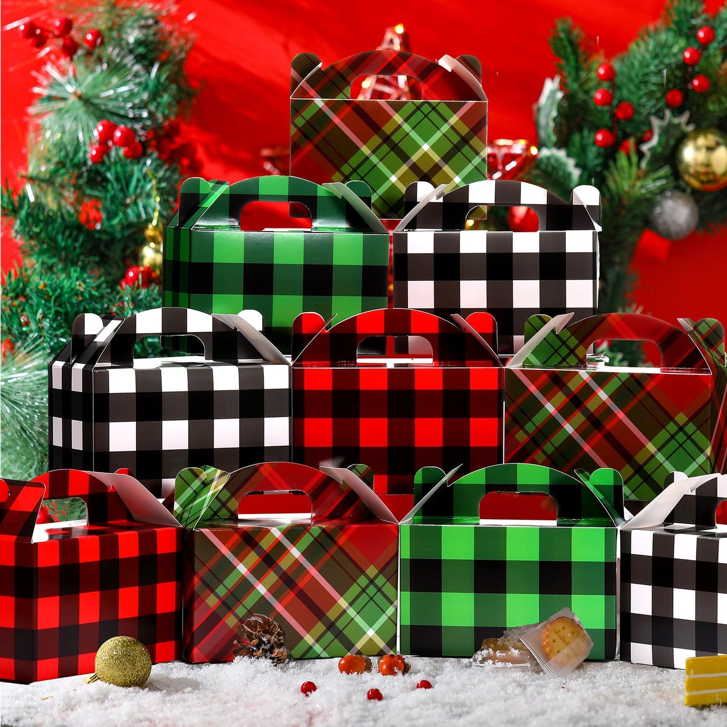 Clabby 24 Pcs Christmas Treat Boxes with Handles 3D Christmas Cookie Gift Boxes Cardboard Goodie Candy Bags Xmas Santa Elf Snowman Elk Gingerbread Holiday Party Favor Supplies, 4 Design(Plaid Style)