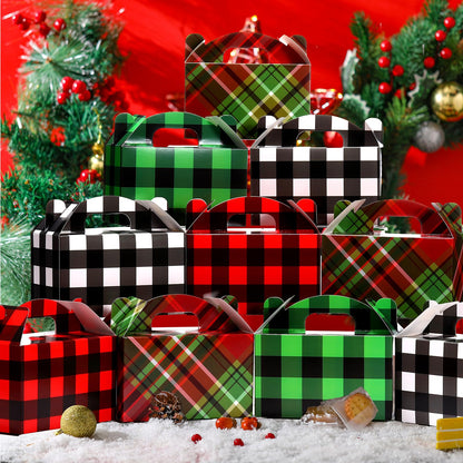 Clabby 24 Pcs Christmas Treat Boxes with Handles 3D Christmas Cookie Gift Boxes Cardboard Goodie Candy Bags Xmas Santa Elf Snowman Elk Gingerbread Holiday Party Favor Supplies, 4 Design(Plaid Style)