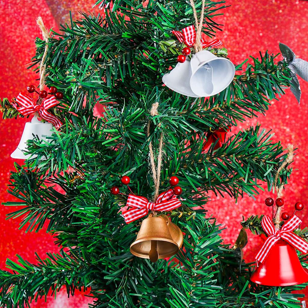 Christmas Jingle Bells Metal Decorative Bells Xmas Tree Ornaments for Wreath Holiday Crafts Rustic Home Hanging Decor Wind Chimes, Red White Gold (6 Pcs)