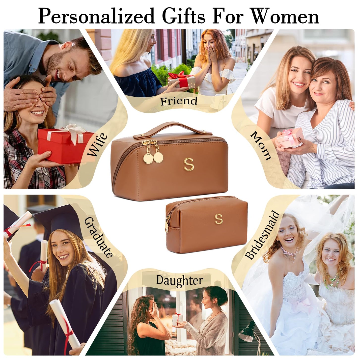 CLOUDWINGS Birthday Gifts for Women Teen Girl, Personalized Initial Makeup Organizer Bag Set, Open Flat Travel Cosmetic Bag With Clear Divider and Handle(Brown,S)