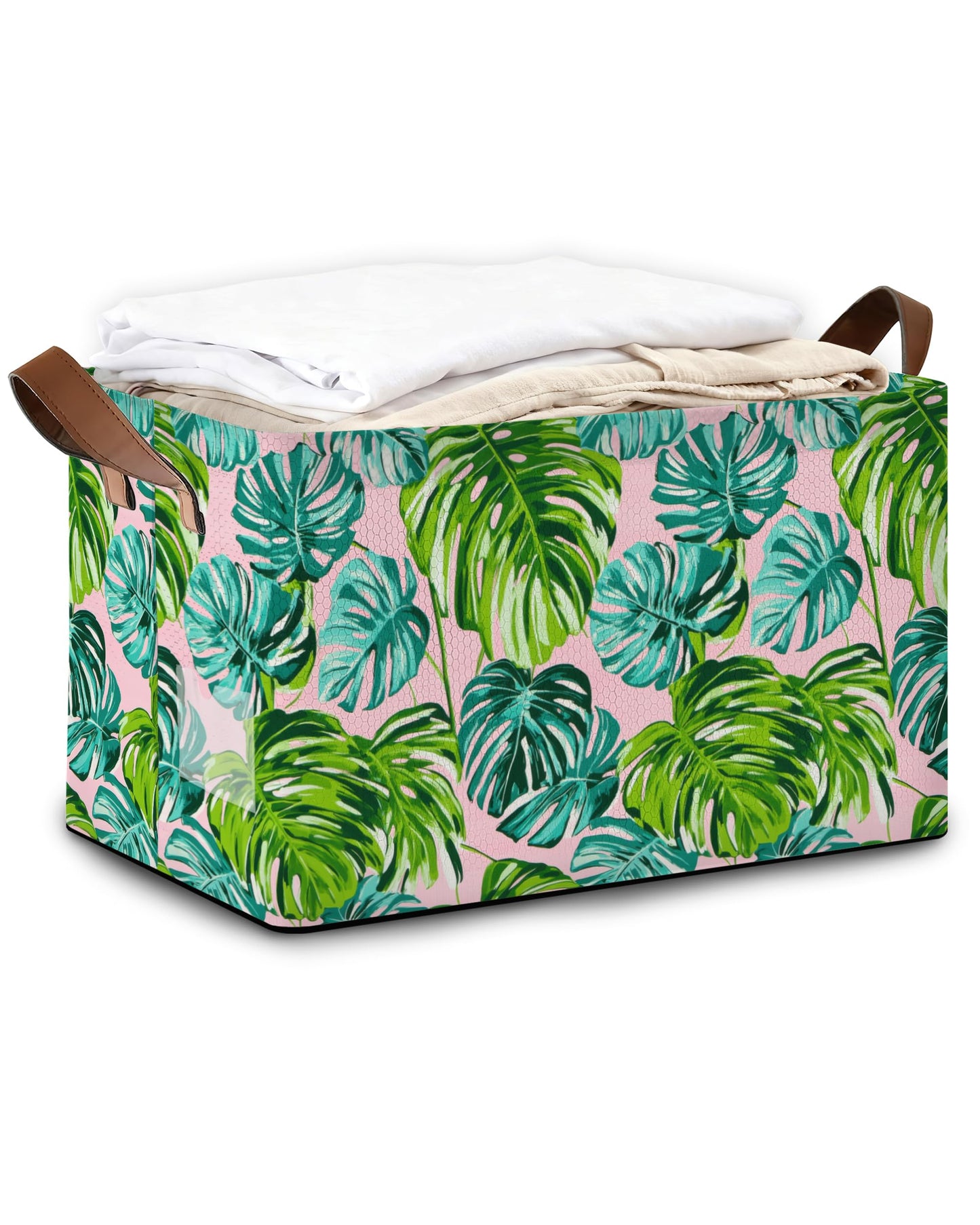 Oeaskly Palm leaves Storage Bins with Handles, Oxford Fabric Storage Basket with Sturdy Frame, Foldable Closet Organizer for Clothes Towels Blankets Shelf Storage